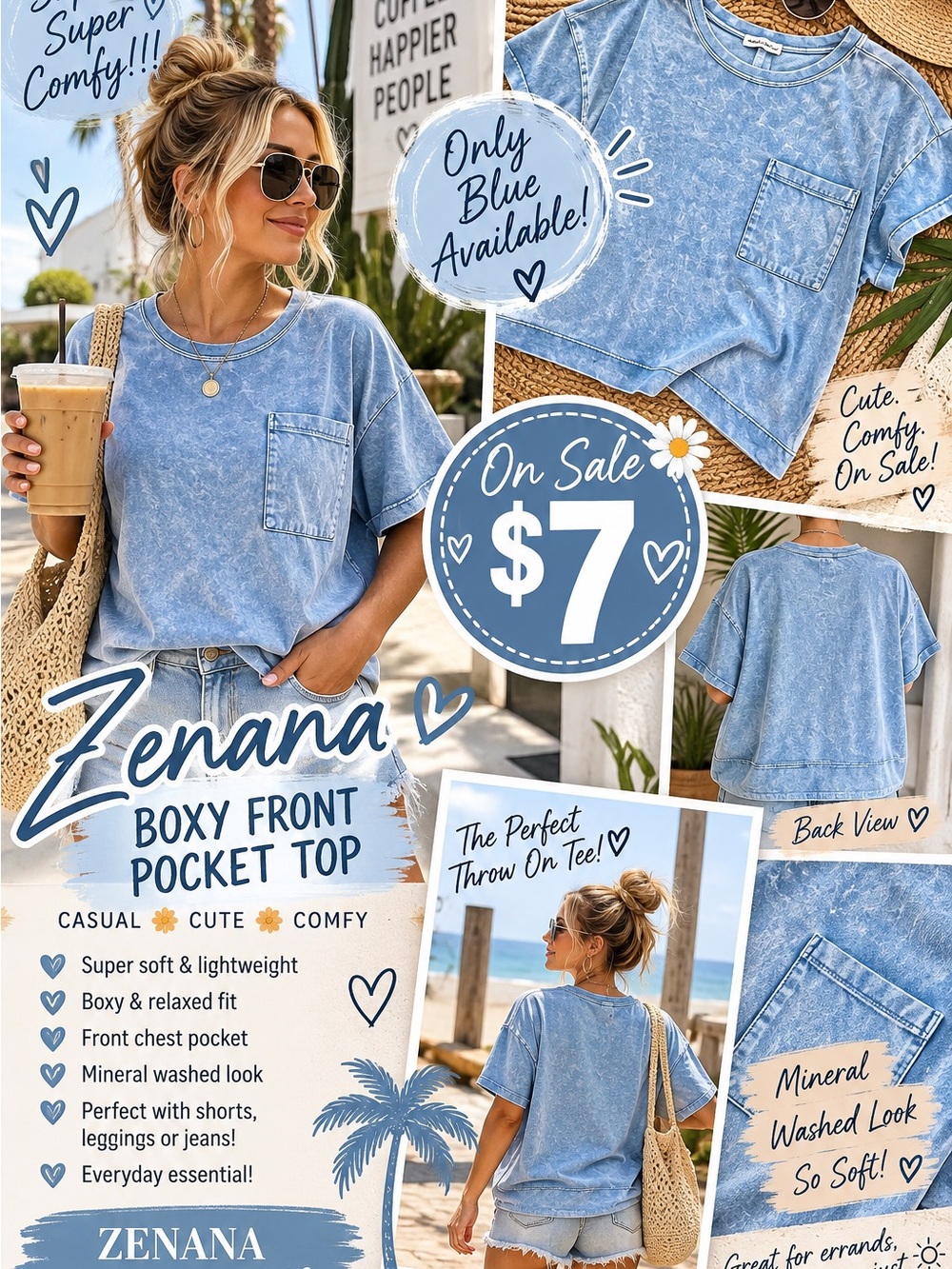 Zenana Outfitters Mineral Wash Light Blue Boxy Pocket Tee